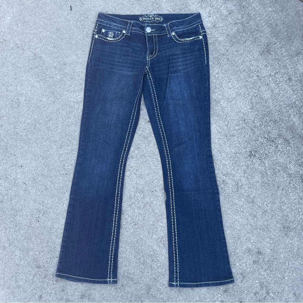 Cowgirl Western Chic dark denim boot jeans white top stitching size 6 Retro Y2K
